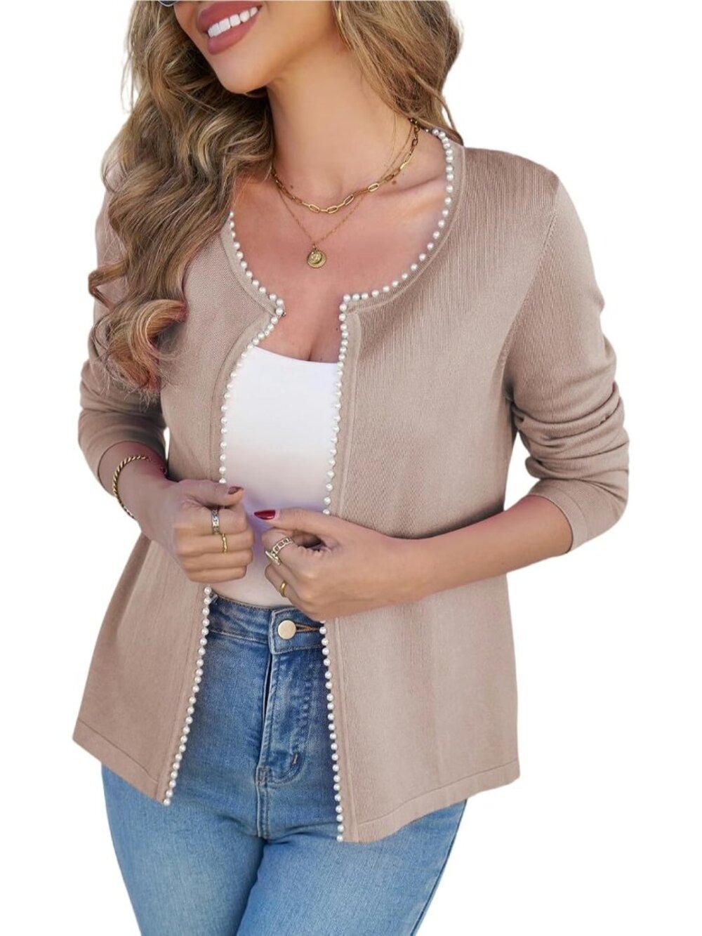 Women's Khaki Lightweight Open Front Sweater Cardigan Pearls Trim Knit Jacket